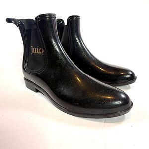 Juicy Couture Rori Black Sparkle Rain Boots Ankle Style Pull On Waterproof Sz 10